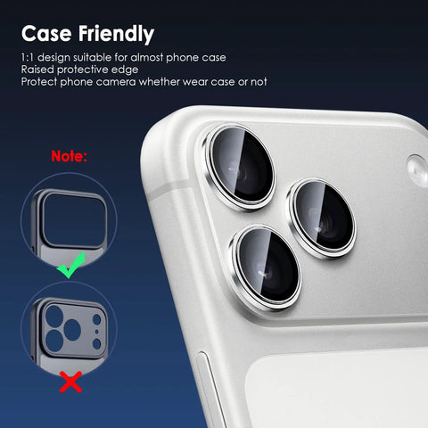 Camera Lens Protector For iPhone 17 Pro And 17 Pro Max 9H Tempered Glass Camera Cover With Silver Metal Ring attached to phone