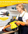 Heavy Duty Handheld Steam Cleaner 1050W Portable Household Steamer being used to clean surfaces, featuring 9.5ft cord and 360° nozzle.