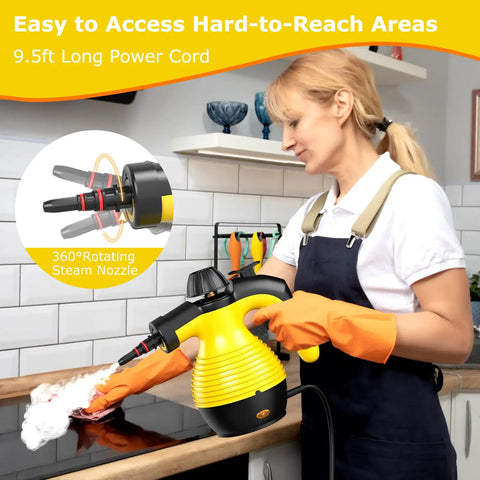 Heavy Duty Handheld Steam Cleaner 1050W Portable Household Steamer being used to clean surfaces, featuring 9.5ft cord and 360° nozzle.