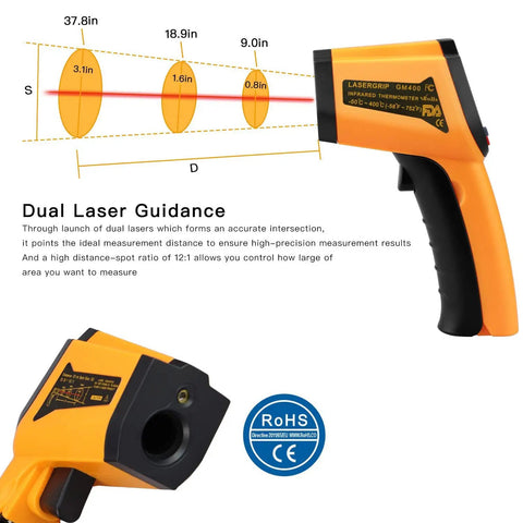 Non-Contact Infrared Temperature Gun For Quick Temp Readings, -50 C To 400 C, -58 F To 752 F, Handy IR Thermometer For Industrial Use, Kitchen, Ovens, Grilling, Auto Repair, Home DIY, Orange, dual-laser guidance view