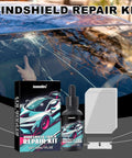 Windshield Repair Kit For Chips And Cracks Car Glass Quick Fix With Nano Fluid Filler displayed with cracked windshield.
