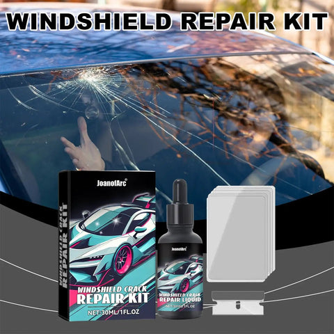 Windshield Repair Kit For Chips And Cracks Car Glass Quick Fix With Nano Fluid Filler displayed with cracked windshield.
