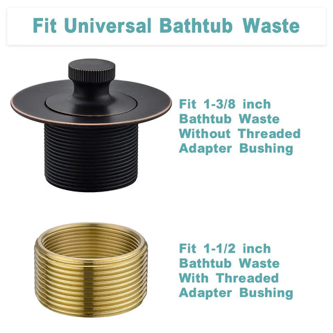 Oil Rubbed Bronze Bathtub Drain Kit With Lift And Turn Stopper And Overflow Faceplate Universal No Fuss One And A Half Inch Or One And Three Eighths Inch Drain Hole Solid Brass Construction Easy Install Durable Bath Drain Fixture, shown with adapters.