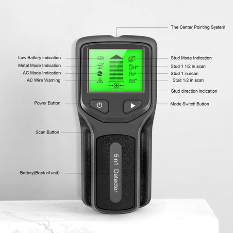 Stud Finder Wall Scanner 5 In Digital Handheld Professional Multifunction Wall Detector with green display and buttons.