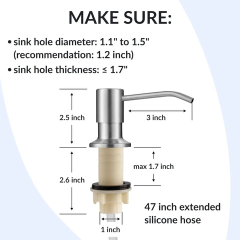 Stainless Steel Kitchen Soap Dispenser With Brushed Nickel Finish And 47 Inch Extension Tube Kit Go To Countertop Dish Soap Pump For Easy Refill Durable 304 Stainless Construction Rotates 360 Degrees dimensions guide