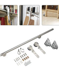 Stainless Steel Sliding Barn Door Track Kit With Library Ladder Hardware, 6.6 ft to 13 ft rail system, round tube, components shown.