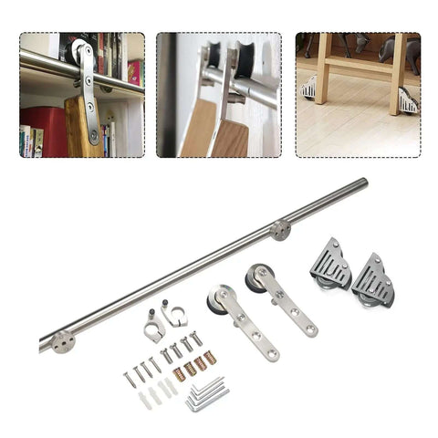Sliding Barn Door Hardware Kit With Rolling Library Ladder For Attic And Storage Spaces, Stainless Steel Round Tube Track