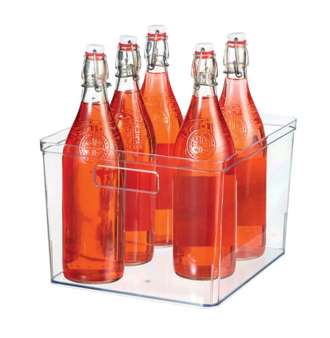 Extra Large Clear Plastic Pantry Organizer Bins With Handy Handles For Oversized Pantry Items 12 By 10.5 By 8 Inches BPA Free See Through Storage showcasing orange bottles.