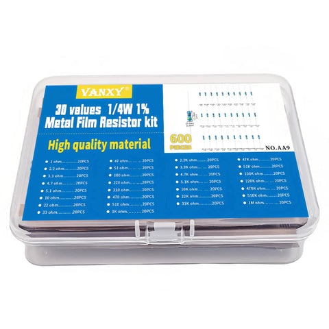 Bulk 600Pcs 1/4W 1% Metal Film Resistor Kit With 30 Values packaging on display