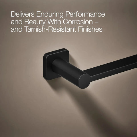 Close-up of Parallel 18 Inch Towel Bar Matte Black Sleek Modern Bathroom Hardware mounted on wall, showing corrosion-resistant finish.