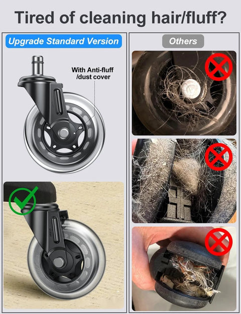 Replacement Office Chair Wheels Set Of 5 3 Inch Heavy Duty Rubber Casters For Quiet Operation And Safe Use On All Floor Types Including Hardwood Carpet And Tile Floor Friendly Design With Tool Free Installation showing anti-fluff cover comparison
