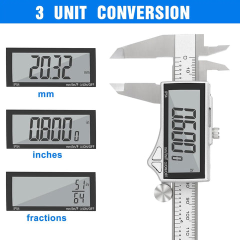 Handy Digital Caliper Measuring Tool Stainless Steel With Large LCD Screen, 0 To 6 Inch Precision Caliper with 3 unit conversion screens.