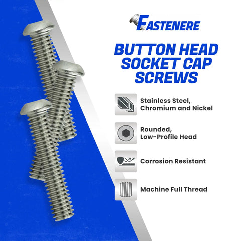 Badass 18-8 Stainless Steel Button Head Socket Cap Screws 10-32 X 1-1/4 Inch 50 Pack Full Thread displayed with rounded low-profile heads.