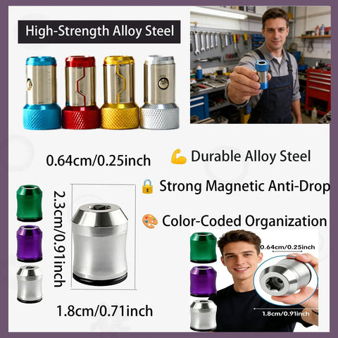 Image of Detachable Magnetic Screw Ring Kit with High Strength Drill Bit Holder, featuring color-coded alloy steel rings. Size and durability highlighted.