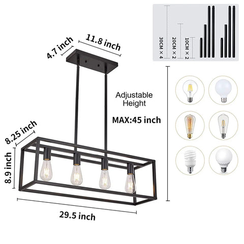 Farmhouse Rectangle Chandelier For Dining Room And Kitchen Island, Modern Linear Hanging Light Fixture, Matte Black 4 Light