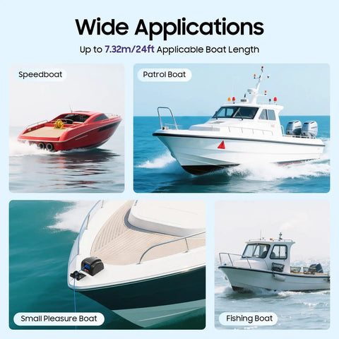 Top Notch 45 Lb Electric Anchor Winch For Boats With Remote Control, Heavy Duty Stainless Steel Construction Resists Rust And Deformation For Smooth Deployment And Retrieval On Any Water Adventures, displaying various boat types.