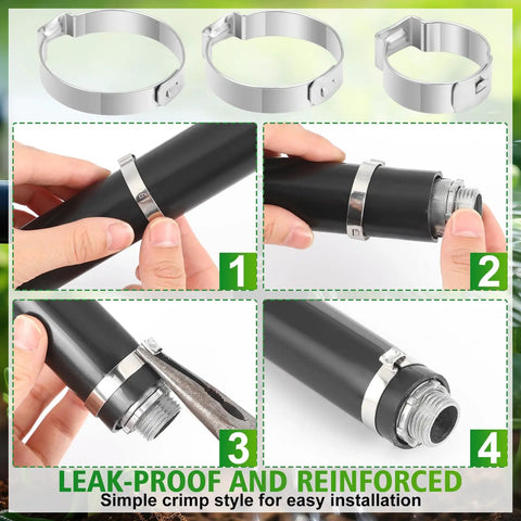 Beefy Heavy Duty 50 Pieces 1 Inch Irrigation Hose Clamps for Drip System installation steps on black pipe.