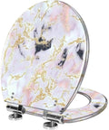 Elongated Resin Toilet Seat for Bathroom with pink and gold marbled design, chrome hinges, 14.5"x18.5" size.
