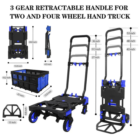 3D diagrams of 2 In 1 Folding Hand Truck And Folding Basket Heavy Duty Dolly with telescoping handle and rubber wheels