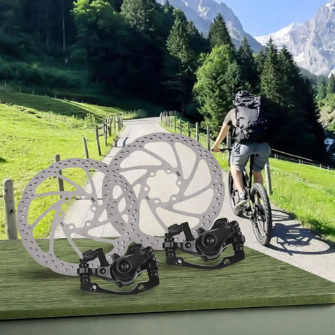 Heavy Duty Mechanical Disc Brake Pair For Ebikes And Folding Bikes Featuring 160mm Front Rear Aluminum Rotors on display.