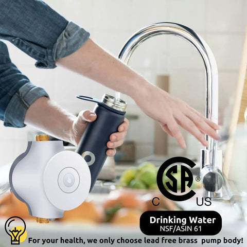 Smart Instant Hot Water Recirculating Pump With Built In Thermostat For Tanked And Tankless Heaters Super Quiet Three Speed On Demand Setup Gets Hot Water Pronto And Slashes Utility Costs with drinking water being filled from faucet.