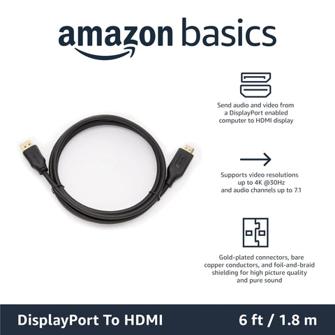 DisplayPort To HDMI Cable 6ft Unidirectional 4K 30Hz Gold Plated, coiled with gold-plated connectors; Amazon Basics branding.