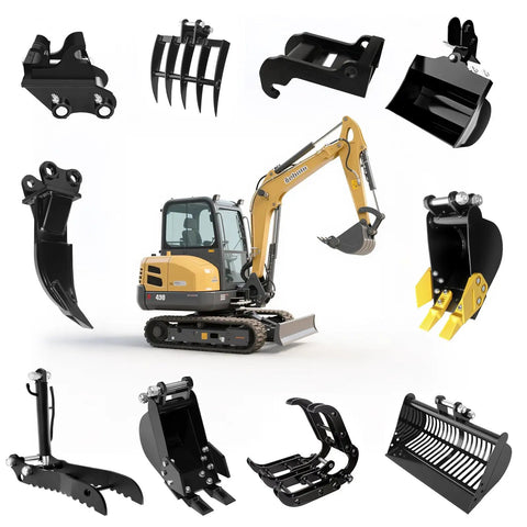 X Change Coupler Bracket for Bobcat Quick Attach Excavator Bucket Mount with various attachments, heavy-duty black steel.