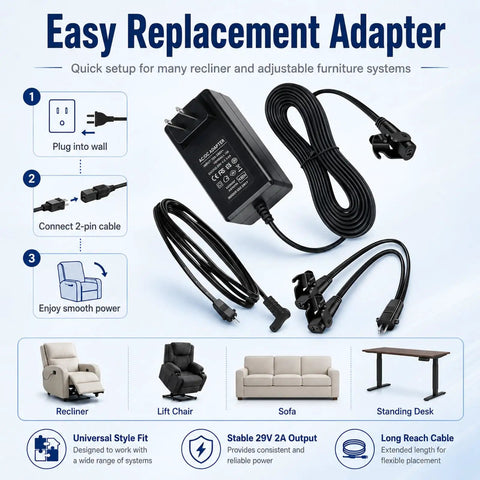 29V 24V 2A Universal Recliner Power Supply Plug In Adapter For Electric Chair Sofa Couch Lift Motor instructions and components.