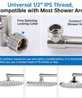Adjustable 13 Inch Shower Head Extension Arm With Heavy Duty Solid Brass Build And Brushed Nickel Finish For Height And Angle Control Rainfall Upgrade All Metal Construction Easy Install No Fuss displayed with connection details and universal 1/2 inch IPS thread compatibility.