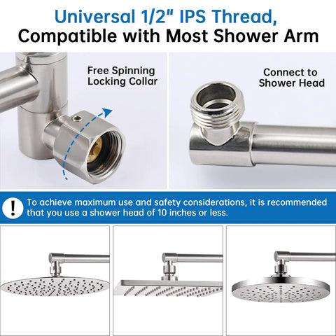 Adjustable 13 Inch Shower Head Extension Arm With Heavy Duty Solid Brass Build And Brushed Nickel Finish For Height And Angle Control Rainfall Upgrade All Metal Construction Easy Install No Fuss displayed with connection details and universal 1/2 inch IPS thread compatibility.