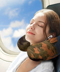 Pikes Peak Colorado Travel Pillow For Neck And Head Support U Shaped Napping Pillow used by woman on airplane
