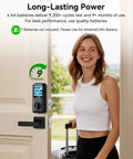 Slick Fingerprint Smart Lock With Smooth Keyless Entry, AI Self Learning Handle Set, App Pin Code And Key Fob Access, Zero Hassle Front Door Security Setup For Your Home in use on a modern front door.