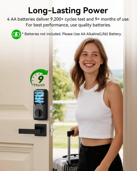 Slick Fingerprint Smart Lock With Smooth Keyless Entry, AI Self Learning Handle Set, App Pin Code And Key Fob Access, Zero Hassle Front Door Security Setup For Your Home in use on a modern front door.