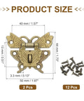 Heavy Duty Vintage Butterfly Hasp Latch Kit For Decorative Wooden Boxes And Jewelry Cases Boasting A Hella Nice Yellow Bronze Finish With Tight Install Screws providing dimensions and screws in the image.