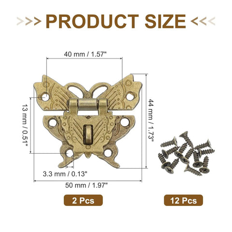 Heavy Duty Vintage Butterfly Hasp Latch Kit For Decorative Wooden Boxes And Jewelry Cases Boasting A Hella Nice Yellow Bronze Finish With Tight Install Screws providing dimensions and screws in the image.