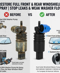 Comparison of High Pressure Windshield Washer Pump With Grommet And Replacement Spray System For Bmw Ford Jeep Dodge Chrysler Chevy Vw Audi Parts 1J6955651 before and after