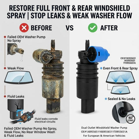 Comparison of High Pressure Windshield Washer Pump With Grommet And Replacement Spray System For Bmw Ford Jeep Dodge Chrysler Chevy Vw Audi Parts 1J6955651 before and after
