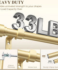 Gold Curtain Rod Set For Windows 72 To 144 Inches Telescoping 1 Inch Diameter Heavy Duty Adjustable Drapery Rods With Brass Gold Finish Modern Decorative Finials And Included Brackets Connectors Screws showing 33LB load capacity and features