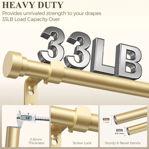 Gold Curtain Rod Set For Windows 72 To 144 Inches Telescoping 1 Inch Diameter Heavy Duty Adjustable Drapery Rods With Brass Gold Finish Modern Decorative Finials And Included Brackets Connectors Screws showing 33LB load capacity and features