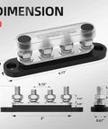 Bus Bar 12V 150A Mini Power Distribution Block With Cover, dimensions displayed, tin plated copper, nylon base, polycarbonate lid
