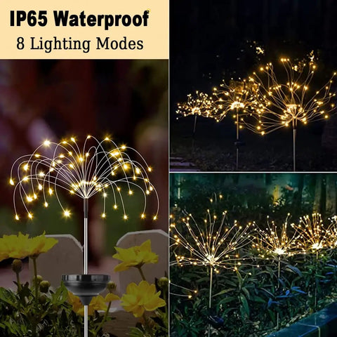 2 Pack Solar Firework Outdoor Lights For Garden Patio Yard And Pathway Waterproof IP65 With 8 Lighting Modes In Warm White