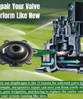 Six-pack irrigation valve diaphragm replacement kit with black Buna-N rubber, shown beside a cutaway irrigation valve