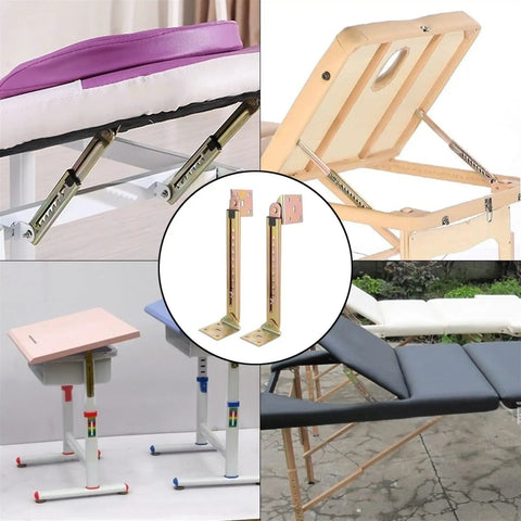Collage showing 2 Pack Angle Desk Lifting Rod And 10 Gear Adjustable Angle Hinge for cabinet doors in various applications.