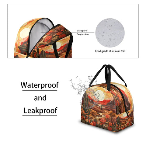 Desert Flower Cactus Insulated Lunch Bag With Padded Handle Leakproof Waterproof Lunch Tote showcasing waterproof feature