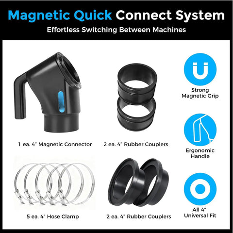 4 Inch Dust Collection Fitting Kit With Magnetic Handle For Woodworking Vacuum Systems components including magnetic connector and rubber couplers.