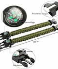 10 Pack Paracord Bracelet Survival Kit With Compass Fire Starter Whistle And Emergency Knife For Camping Hiking Fishing And Outdoor Adventures Your Go To 5 In 1 Survival Gear For Any Adventure showing camouflage bracelet with compass and tools.
