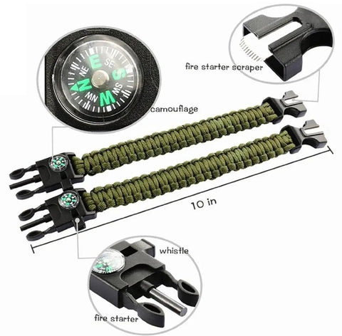 10 Pack Paracord Bracelet Survival Kit With Compass Fire Starter Whistle And Emergency Knife For Camping Hiking Fishing And Outdoor Adventures Your Go To 5 In 1 Survival Gear For Any Adventure showing camouflage bracelet with compass and tools.