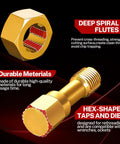 TOMMARS 15-piece metric thread chaser set: gold hex-shaped taps and dies for M6–M12 rethreading, red spiral flutes
