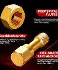 Heavy Duty 49 Piece Thread Chaser Set Repair Kit With Taps Dies And Thread Files For UNC UNF And Metric Rethreading And Restoration Ideal For Machinists Auto Hobbyists And Maintenance Pros, showing hex-shaped taps and dies with deep spiral flutes.