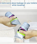 Hands holding silicone bottle covers travel set must have elastic leak proof sleeves for toiletries and lotions in use